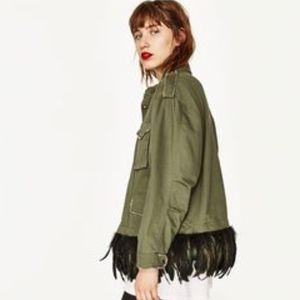 Zara Army Jacket with Detachable Feather Trim